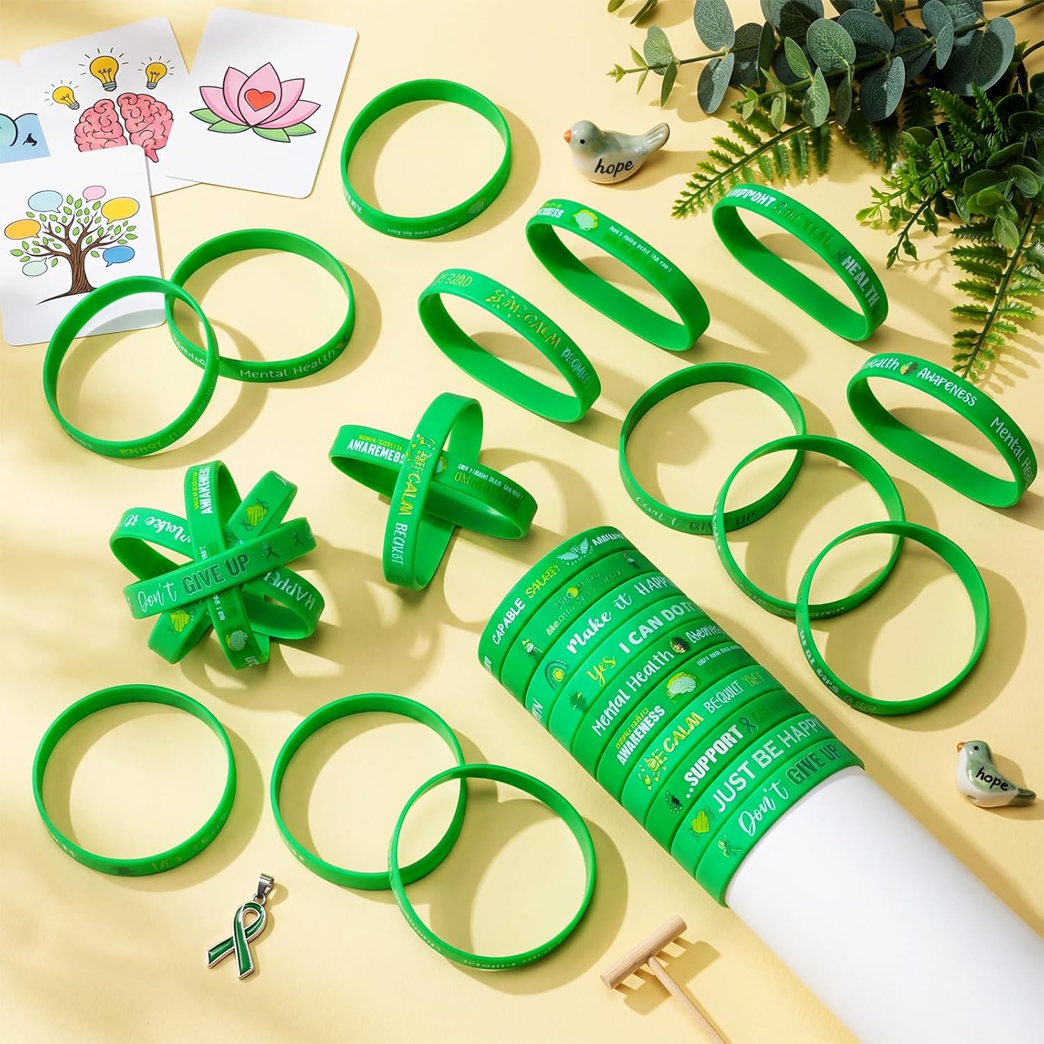 Mental Health Awareness Silicone Wristband Bulk Green Ribbon Inspirational Rubber Bracelets Motivational Silicone Wristbands for Mental Health Favor Gift Supplies, 10 Styles