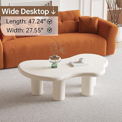 Miniatura 8 de Mesa de centro Cloud para sala de estar, mesa de centro blanca crema de 46.06 pulgadas con 3 patas, mesa de té de estilo simple, mesa central