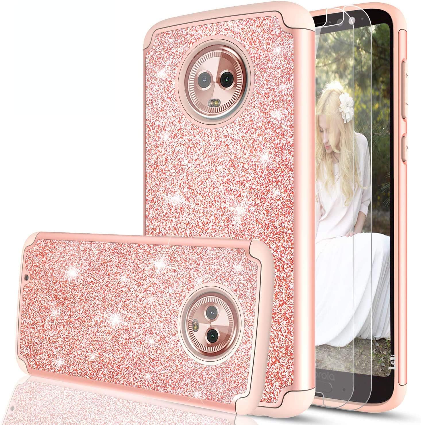 LeYi Moto G6 Case with Tempered Glass Screen Protector [2 Pack] for Girls Women, Glitter Sparkly Bling Dual Layer Hybrid Shockproof Protective Phone Case for Motorola G (6th Generation) TP Rose Gold