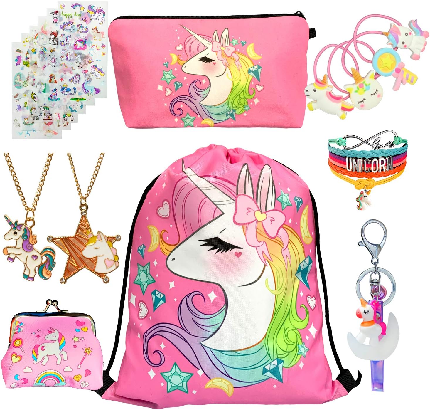 Unicorn Gifts for Girl Drawstring Backpack, Makeup Bag, Unicorn Bracelet, Necklace, Hair Ties (Diamond Unicorn)
