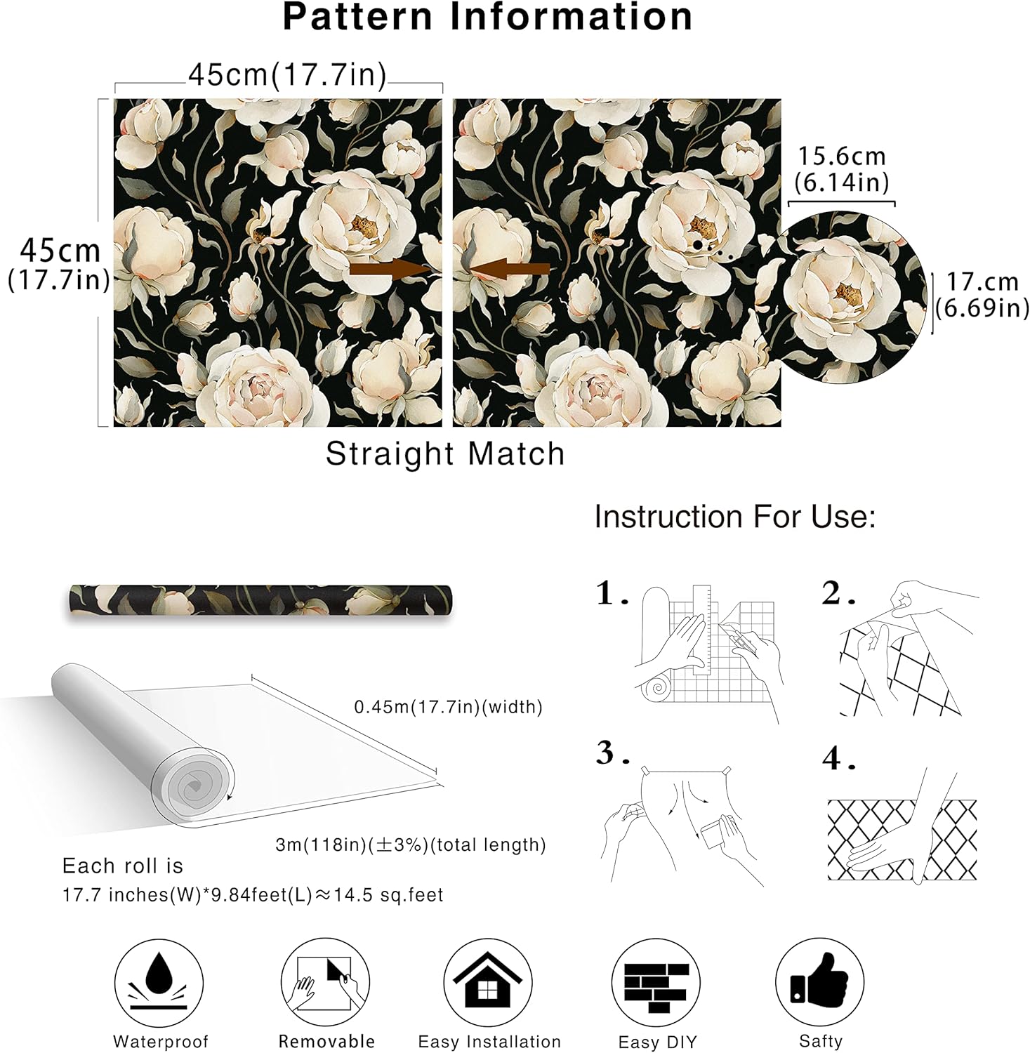 HAOKHOME Peel and Stick Wallpaper Floral Vintage Roses Peonies Contact Paper Removable Black/Beige/Olive Self Adhesive Mural 17.7in x 32.8ft