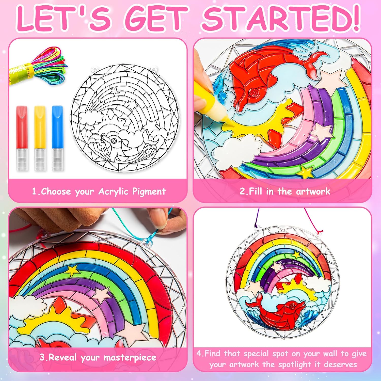 MakeBloom 5PCS Suncatcher Craft Kits for Kids with Pigments,DIY Window Art Stained Glass Painting Kit,Birthday Gift,Classroom Craft Supplies for Ages 3+(Rainbow,Dolphin,Mandala,Mermaid,Unicorn)