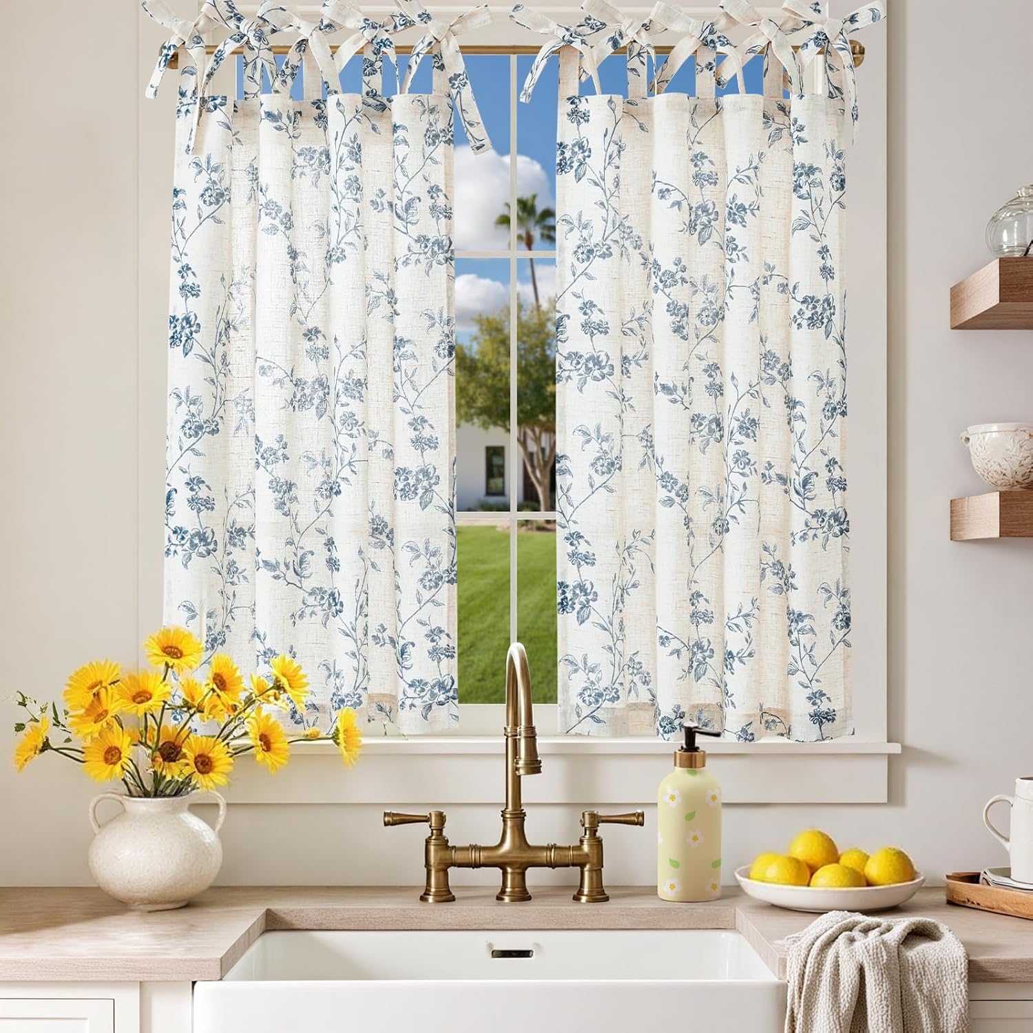 jinchan Floral Kitchen Curtains 36 Inch Linen Tier Curtains Farmhouse Cafe Half Window Drapes Over Sink Light Filtering Blue on Beige for Living Room Laundry Tie Top 2 Panels