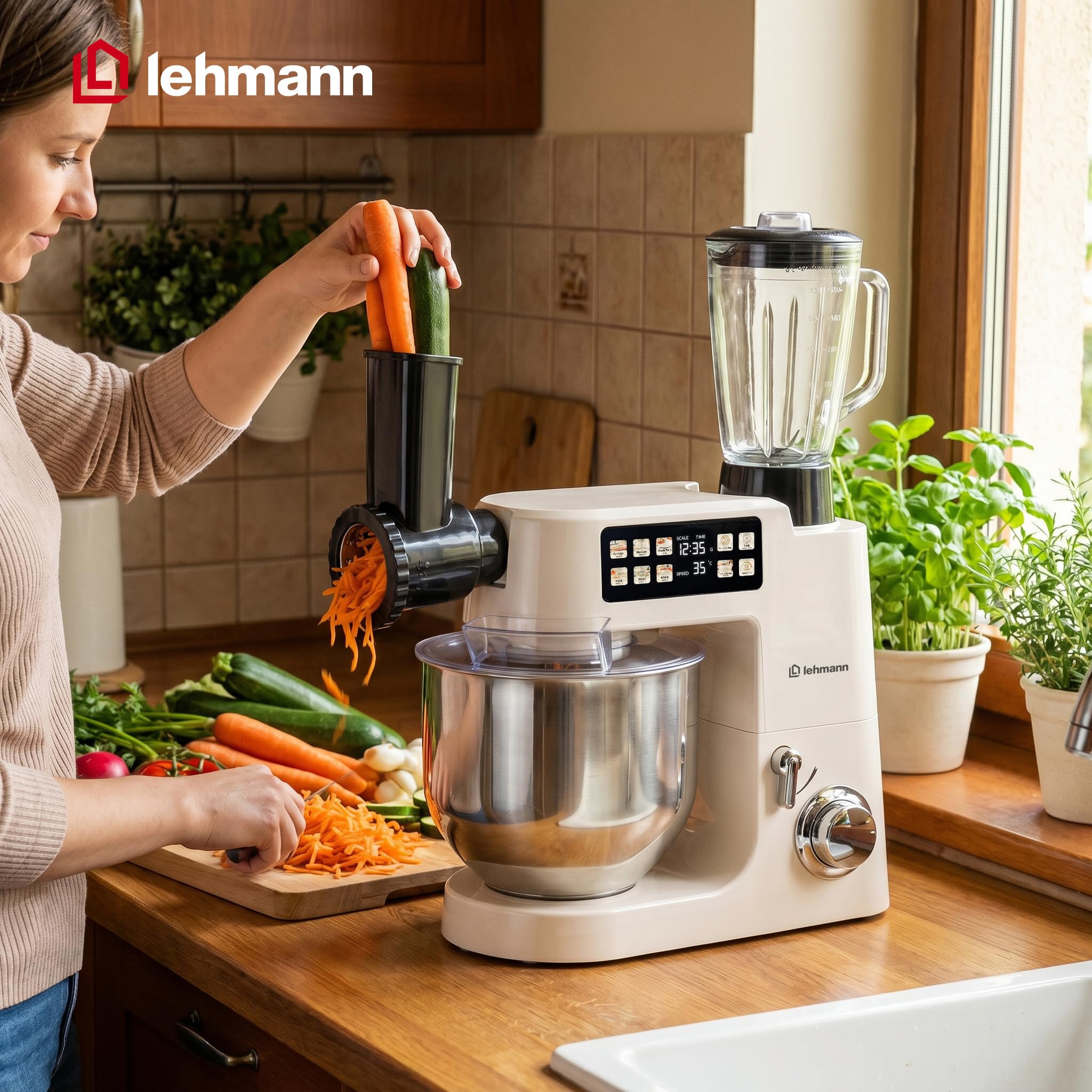 LEHMANN Teyles Impastatrice Planetaria Professionale 2100W 8L con Bilancia Integrata, Touchscreen e Ciotola Riscaldata, Blender 1,5L, Tritacarne, Planetaria per Pane e Pizza, Beige