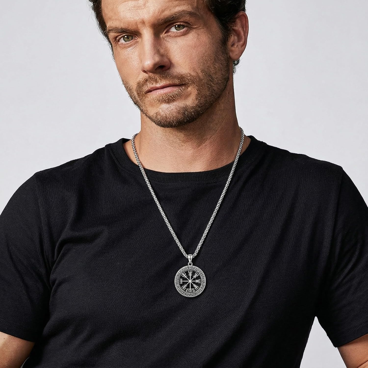 Viking Compass Necklace for Men 925 Sterling Silver Oxidized Nordic Viking Rune Vegvisir Pendant Norse Mythology Amulet Jewelry for Him