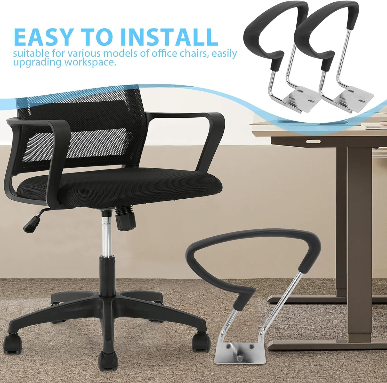 Luxshiny Office Chair Armrest Replacement Rings and Brackets, Black Plastic Armrest Covers for Desk and Gaming Chairs, Compatible with Swivel Mechanism, 2pcs Set for Office Use