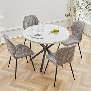 Juego de Mesa y Sillas de Comedor, Mesa de Comedor Redonda de 100cm y 4 Sillas de Cocina de Estilo Nórdico, para Cocina, Sala, Comedor, Oficina (Blanco/Negro+ST-Gris)