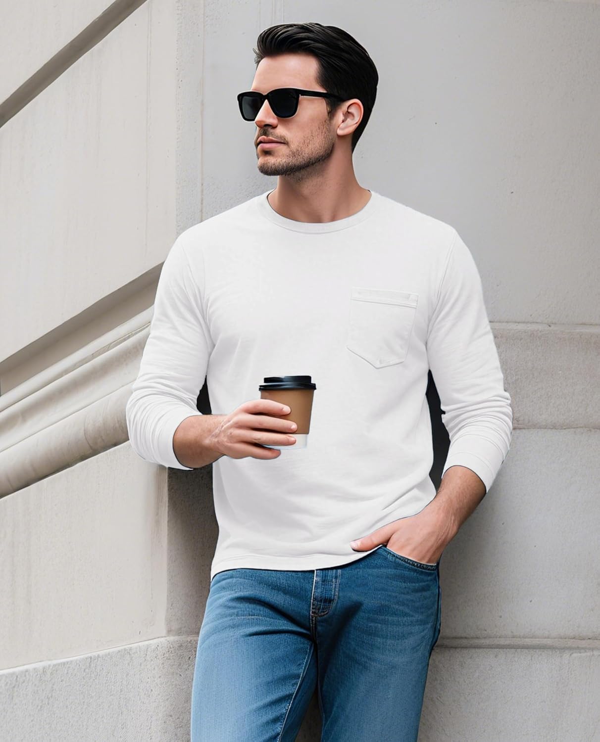 EKLENTSON Men's T-Shirt Cotton Crew Neck Breathable Long Sleeve Shirt Basic Plain Casual Top with Pocket | Baumwolle, Langarm, Regular Fit, Basic, Einfarbig, Rundhals, Brusttasche, Hautfreundlich, Atmungsaktiv, Moisture Wicking White XXL
