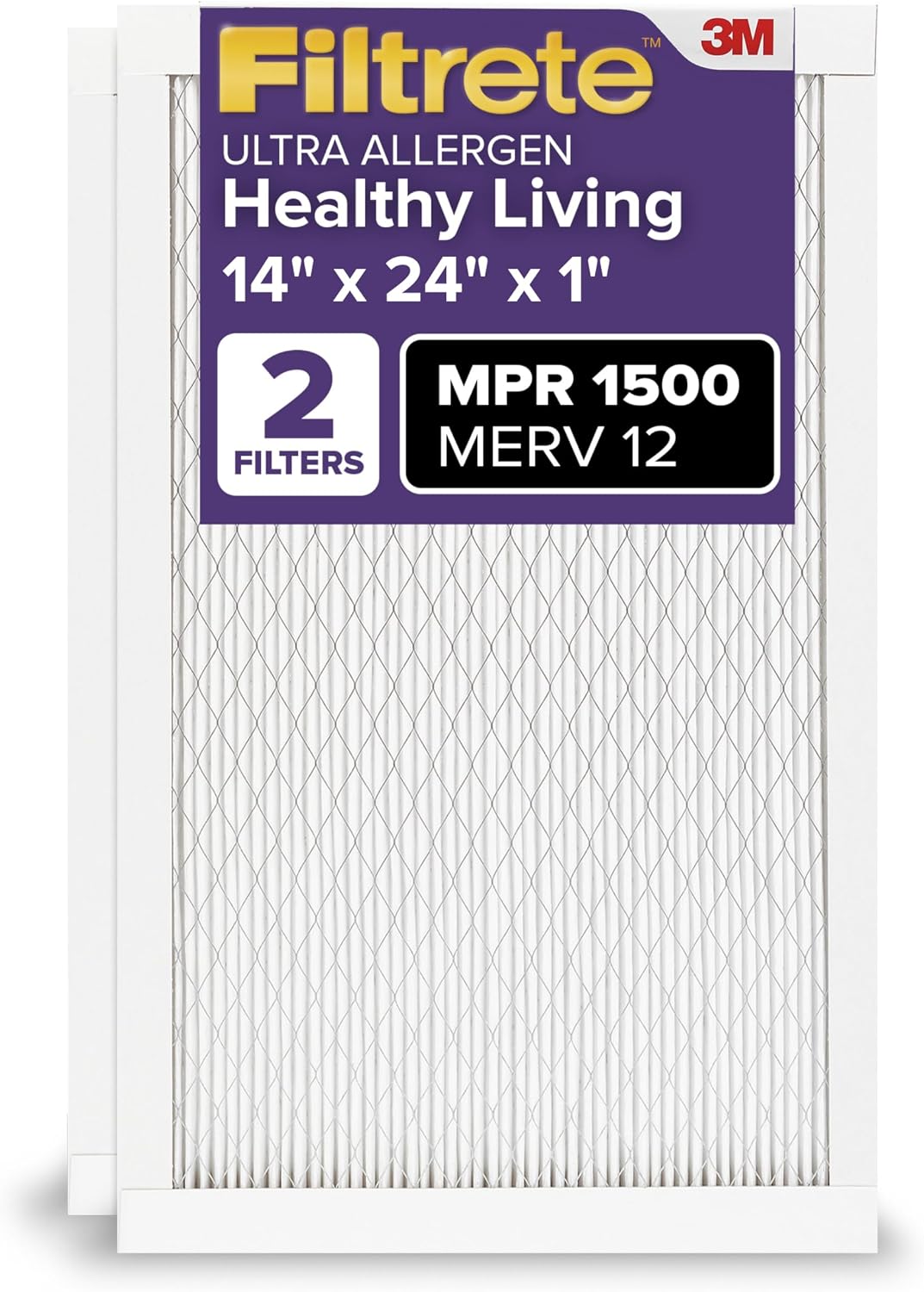 Filtrete 14x24x1 Air Filter, MERV 12, MPR 1500, Allergens, Bacteria & Viruses, 3-Month AC and Furnace Filters, Cleaner Air, Reliable Airflow, 2 HVAC Filters (Actual Size 13.81 x 23.81 x 0.78 in)
