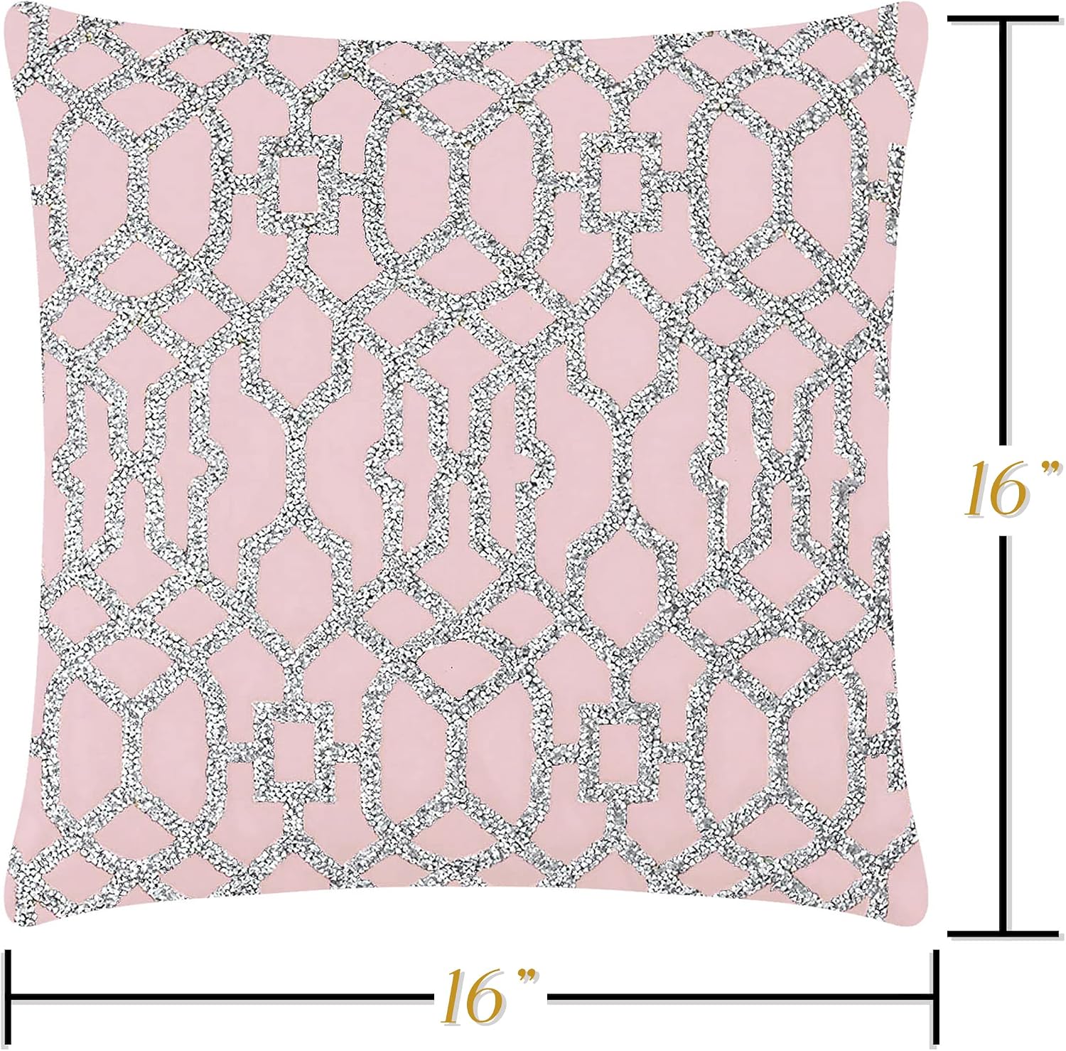 Lattice Pillow, Sparkling Rhinestones on Soft Velvet, Hypoallergenic Fiber Insert, Washable Cover, Unique, Statement Home Decor, Blush, 16x16, Sold Individually