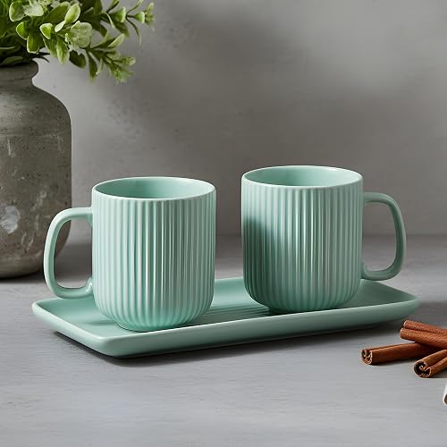 CRAF10 Linear Luxe Ceramic Coffee/Milk Mugs, 340 ML, Dishwasher & Microwave Safe, Sea Green, Set of 3, 2 Mugs and 1 Tray