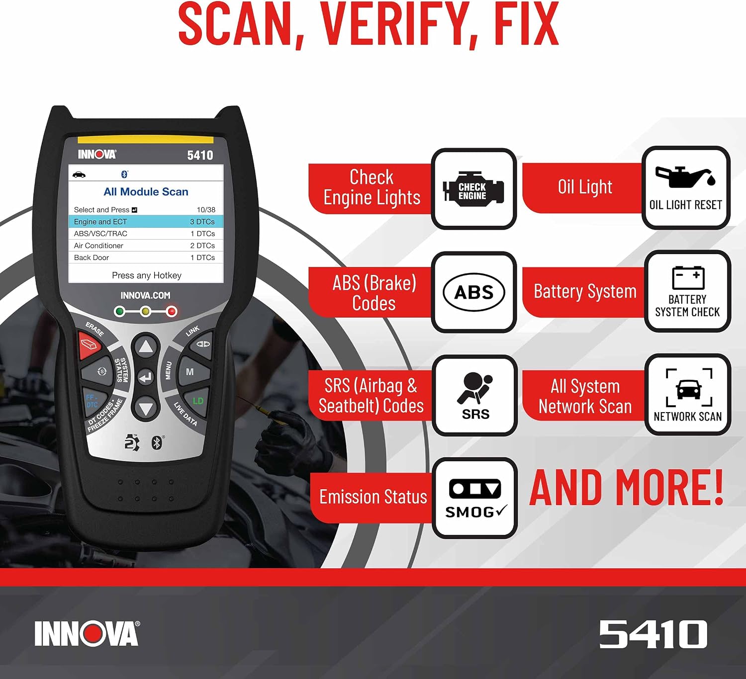 INNOVA 5410 OBD2 Scanner ABS SRS Airbag Engine Transmission Scan Tool OBD2, All System Scanner, Airbag Light Reset, Oil Light Reset, Get Fixes & Parts for Unlimited Vehicles on iPhone & Android