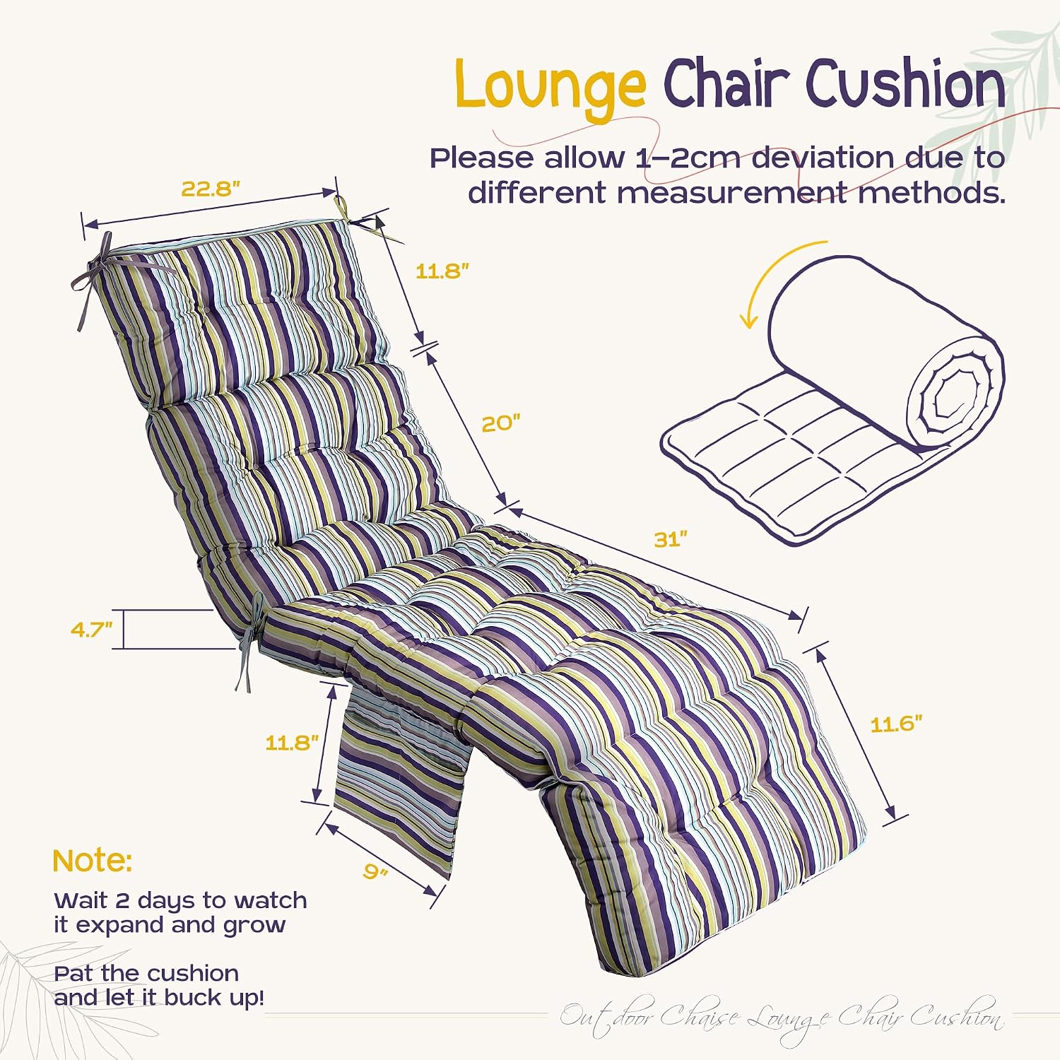 Yddsky Outdoor Chaise Lounge Chair Cushion with Ties, 74.4" x 22.8" x 4.7" Waterproof Patio Cushion, Thickened Cotton Lounge Pad with Pocket for Pool & Outdoor Furniture, Striped Yellow Purple