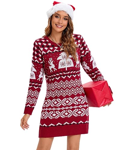 Fourluoo Ugly Christmas Sweaters Dresses with Santa Hat Knit Sexy