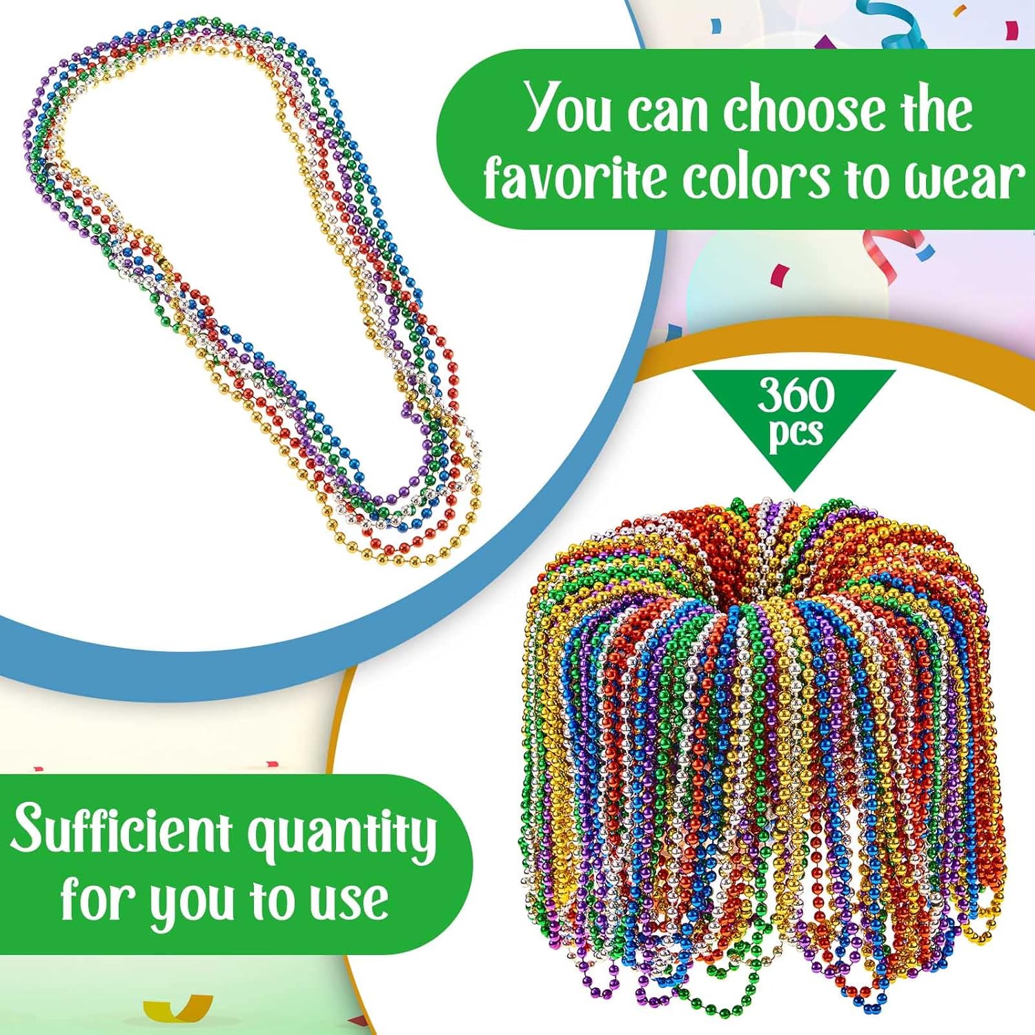 Henoyso 360 Pcs Mardi Gras Accessories 32'' 6mm Mardi Gras Bead Necklaces Bulk 6 Color Metallic Beaded Necklace Parade Throws for Party Carnival Birthday Supplies (Retro Colors) - Image 3