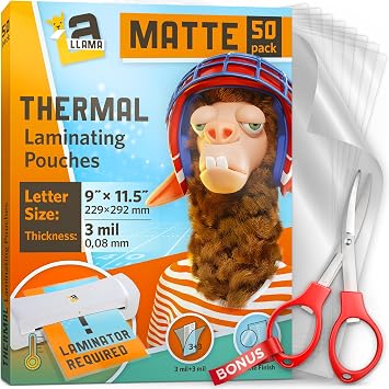 Thermal Laminating Pouches, Suited for Letter Size Laminating Sheets 8.5 x 11, 9 x 11.5 Inches, Matte Finish, 3 Mil Thick, 50 Pack