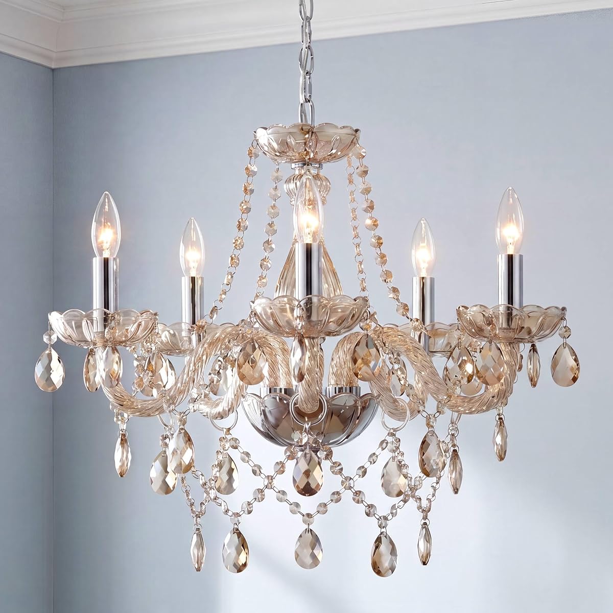Saint Mossi Crystal Chandelier, 5-Light Light Champagne Glass Chandelie | Crystal chandelier, dimmable bulb compatible, 59-in chain, flat and sloped ceiling, dining room