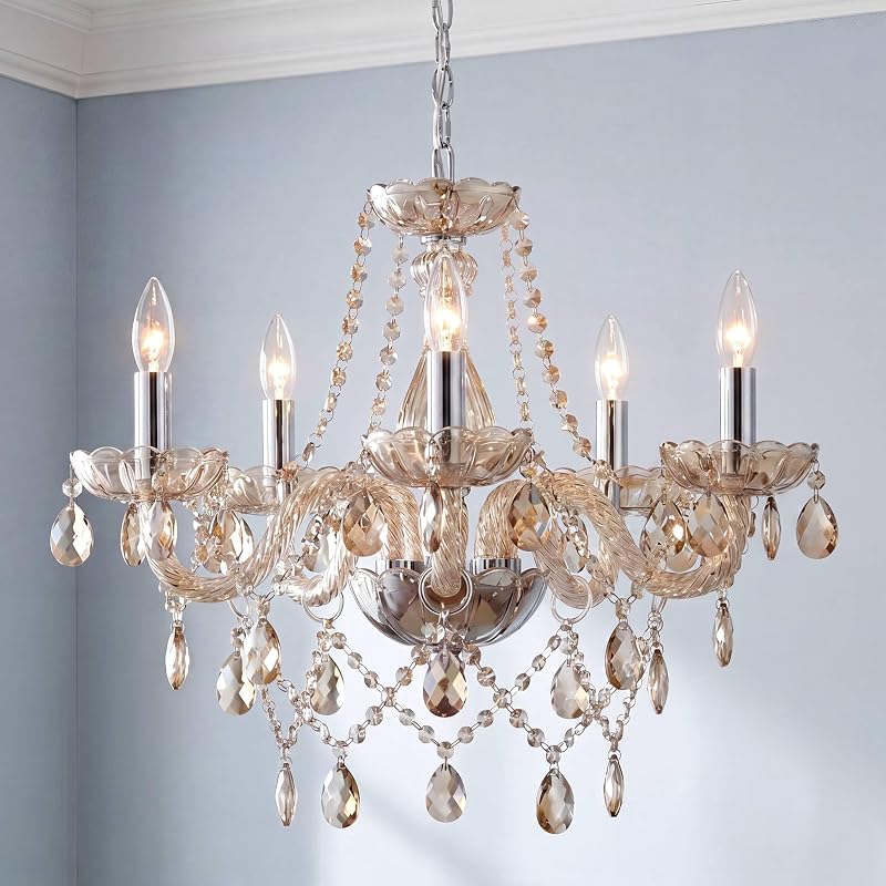 Saint Mossi Crystal Chandelier, 5-Light Light Champagne Glass Chandelie | Crystal chandelier, dimmable bulb compatible, 59-in chain, flat and sloped ceiling, dining room