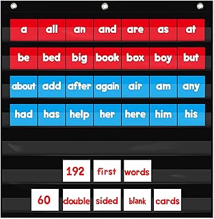 Daily Schedule Pocket Chart, Class Schedule with 7 Clear Pockets, 192 First Words + 60 Double Sided Blank Cards plus 3 Over Door Hangers for Classroom Home School (28” x 28”, Black)