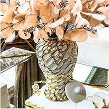 White Ceramic Flower Vase with Gold Trim Ginger Jar Storage Flower Pot, Modern Display Handicraft, Large Decor Vases for Weddings Home Bedroom Office 45cm Size 45cm