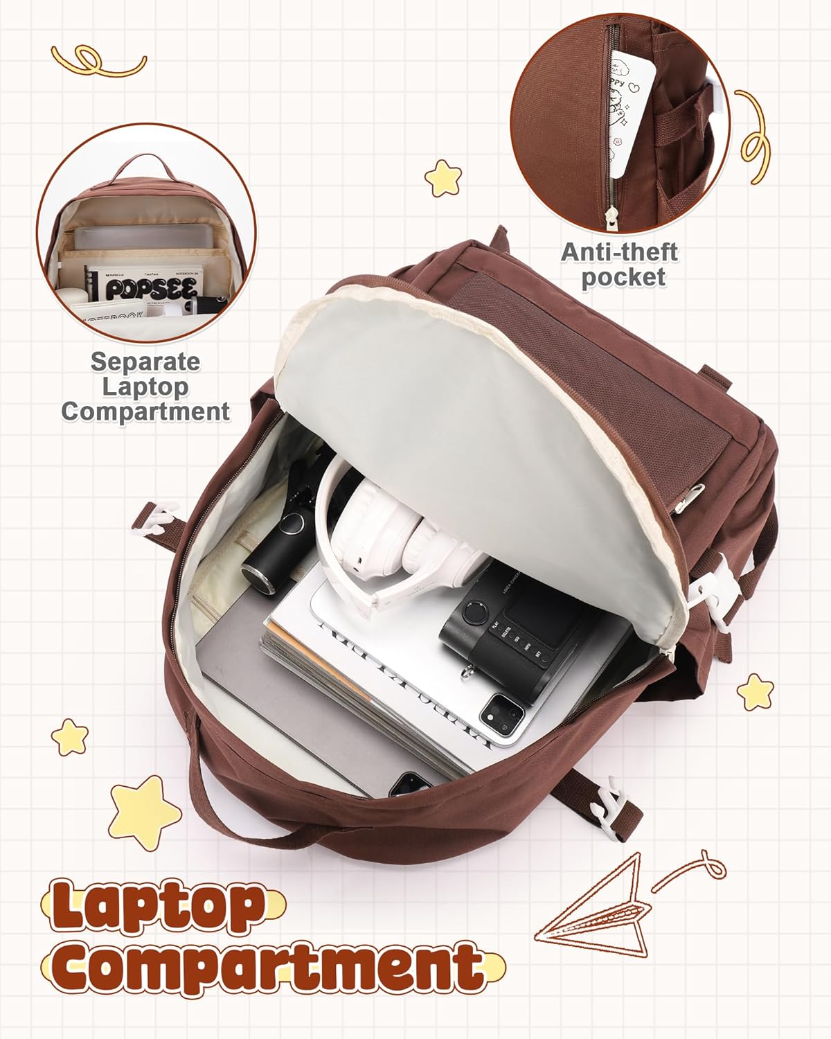 School Backpack for Teen Girls Boys Multi-pocket Middle School Bag Cute College Backpack for Women Men Elementary Student Bookbags Aesthetic Backpacks Casual Daypacks Coffee - Image 4