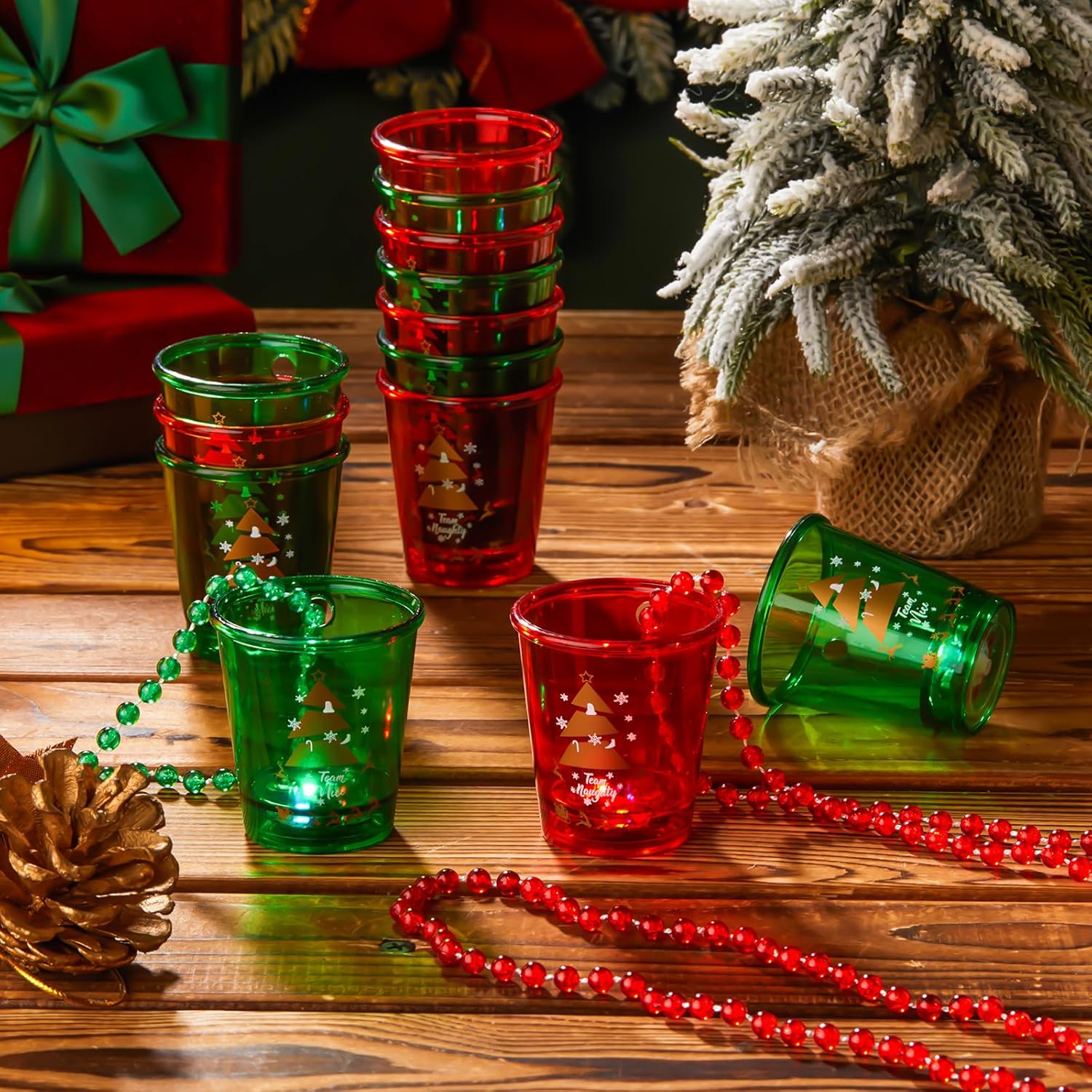 24 Pcs Christmas Light up Shot Glass Glow in The Dark Shot Glasses Bead Necklaces Bulk Neon Red Green Plastic Necklace Cups for Christmas Wedding Glow Party Favors, 2 Styles