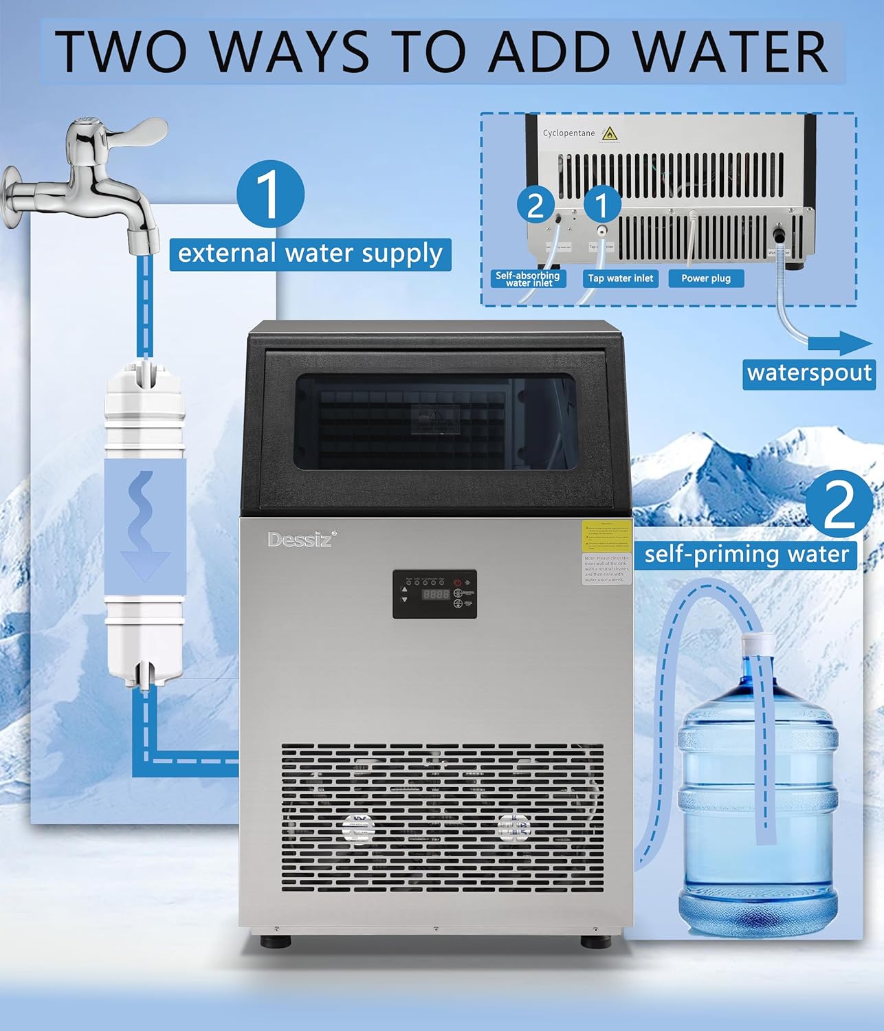 Dessiz Commercial Ice Maker Machine, 130lbs/24H Stainless Steel Under Counter ice Machine with 40lbs Ice Storage Capacity, Freestanding Ice Maker.