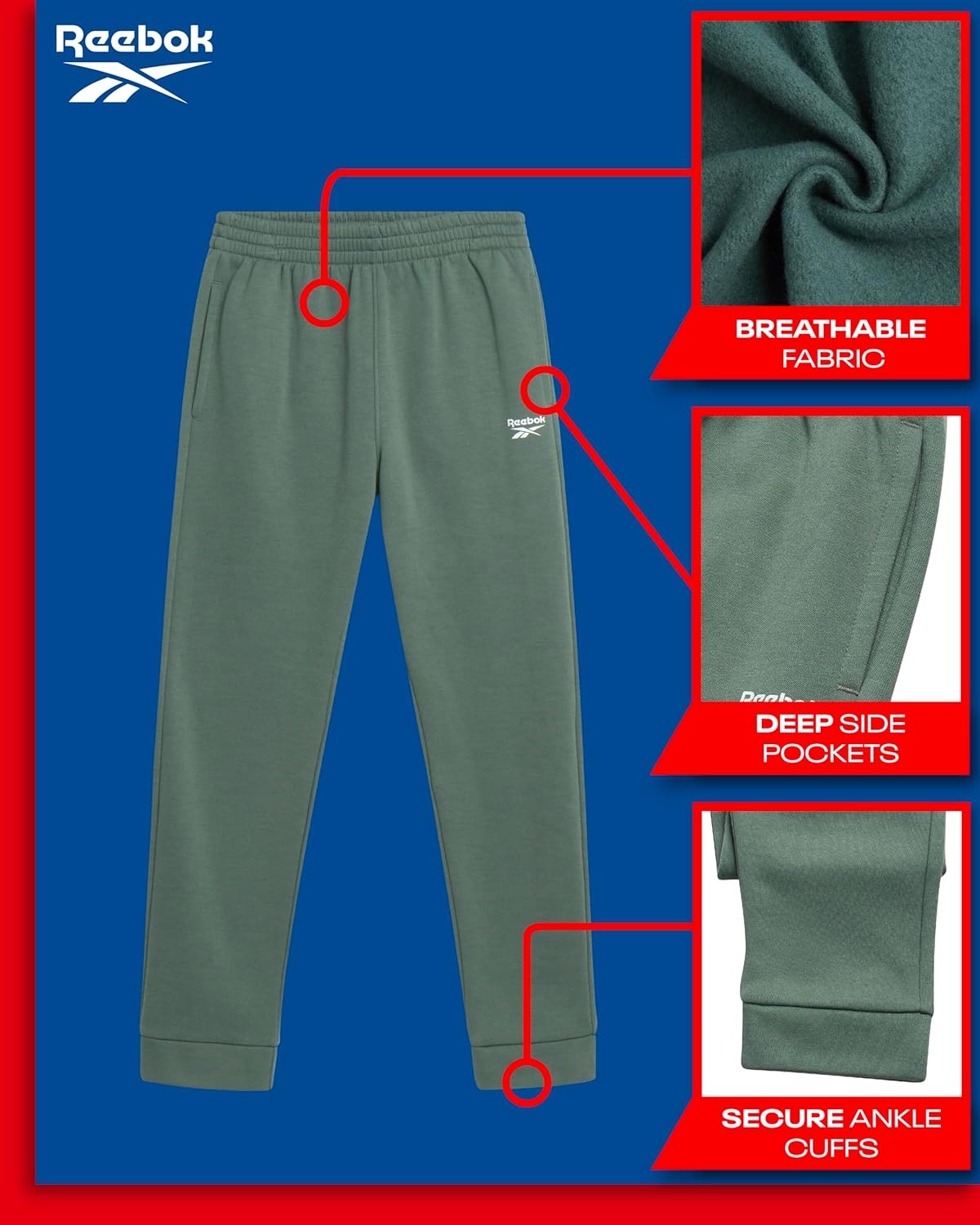 Reebok Boys Sweatpants - Soft Performance Fleece Boys Joggers Athletic Pants with Elastic Waist & Pockets (Sizes Run Small) - Image 2