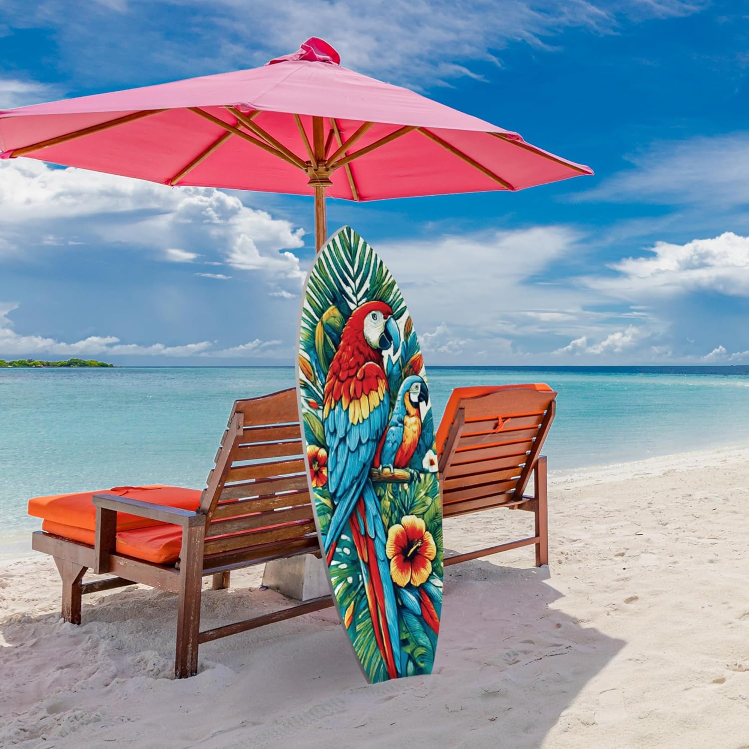 JennyGems Outdoor Parrot Surfboard Wall Art Tropical Theme, Decorative Indoor Outdoor Use, Surfboard Sign, PVC, Bold Colors, 4 Foot