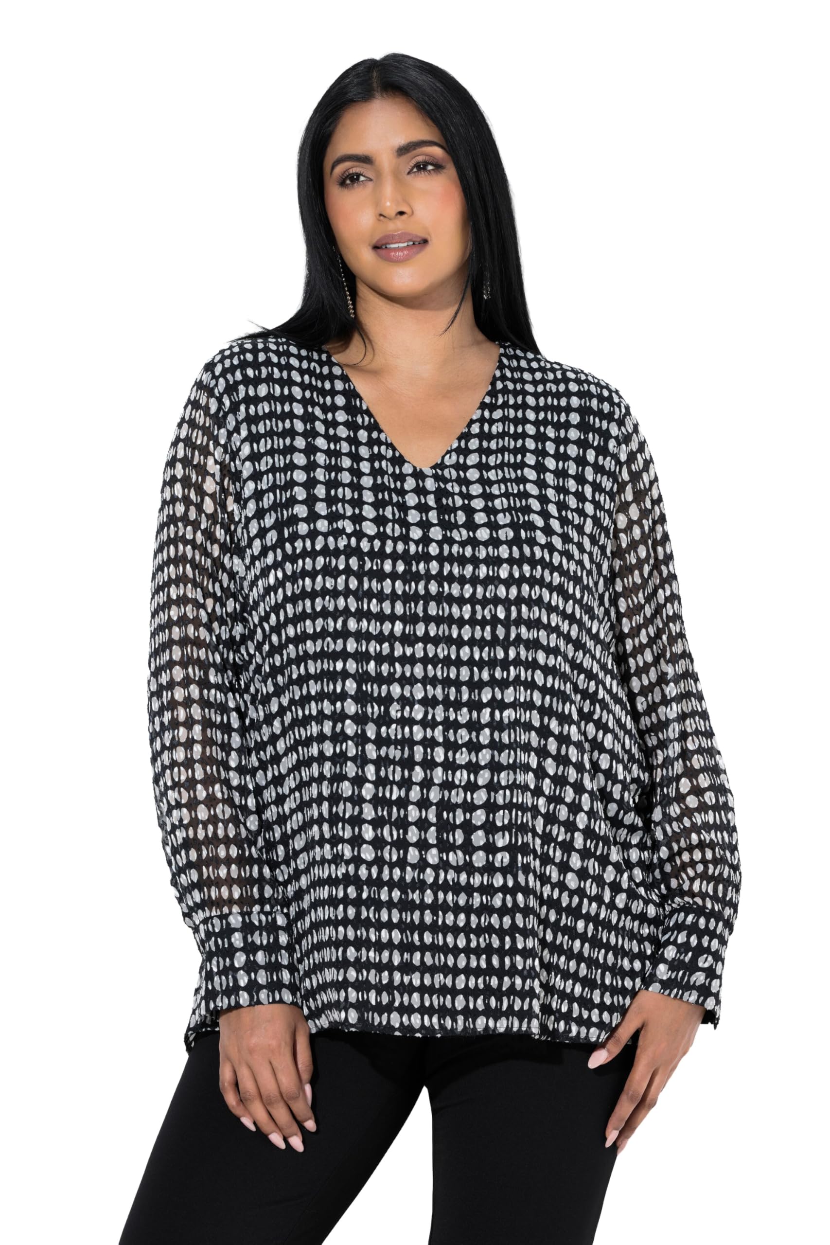 Ulla Popken Damen große Größen Übergrößen Plus Size Bluse, doppellagig, A-Linie, V-Ausschnitt, Langarm 844134