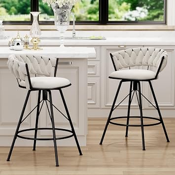 Upholstered Bar Stools Set of 2, 24 inch Velvet Counter Height Stools Modern Barstools with Woven Back for Kitchen Island Ivory