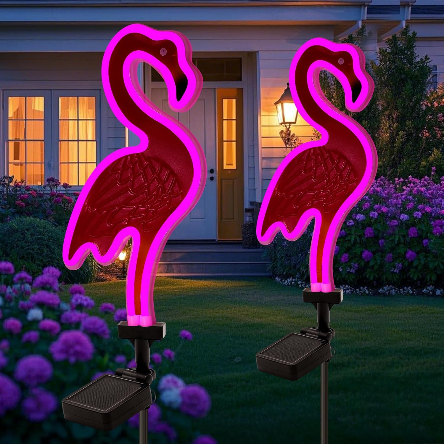 ANGMLN Solar Flamingo Pink Neon Light, 2Pack Pink Flamingos for Yard, Flamingo Gifts for Women Path Light for Lawn Patio Walkway Decor