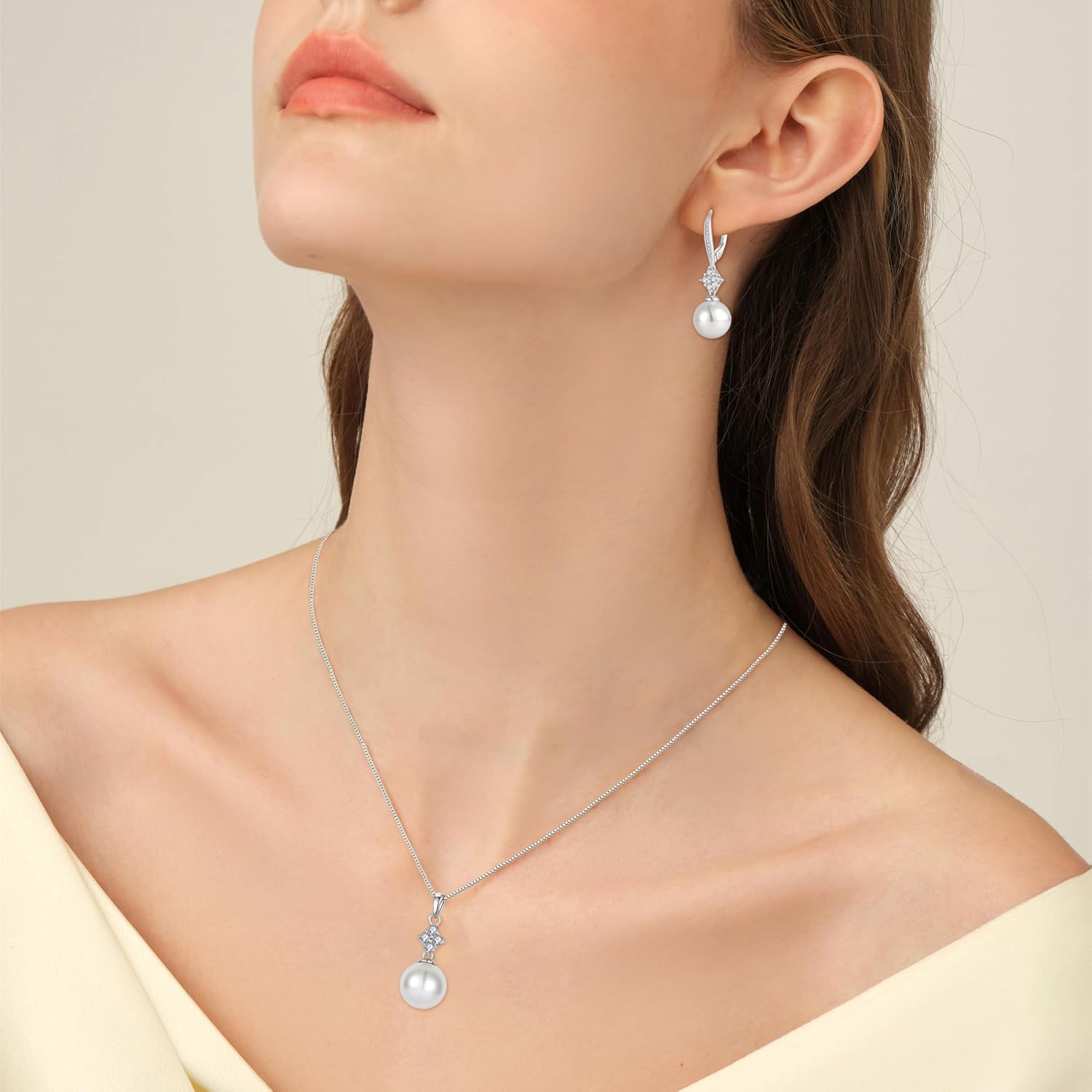 14K White Gold Plated Pearl Earrings and Necklace Set for Women 925 Sterling Silver 5A Cubic Zirconia Pearl Jewelry for Her