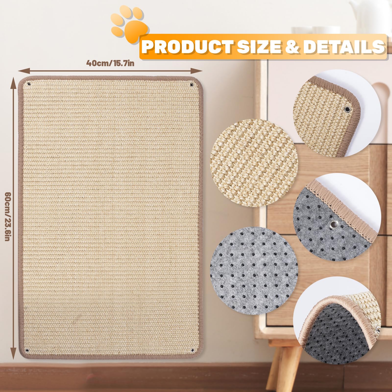3 Stück Kratzmatte 40x60CM Natürliches Sisal Katzenkratzmatte | Natürliches Sisal, Anti-rutsch Katzenkratzpad, Widerstandsfähig gegen Katzenkrallen, Kratzbretter, Schutz für Sofa und Wand
