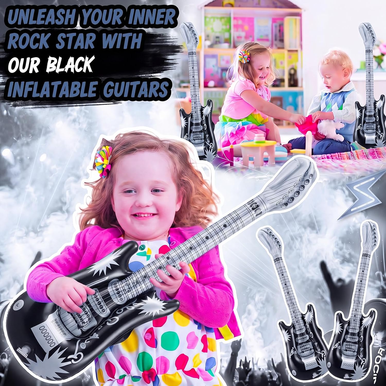 20 Pcs Inflatable Guitars 21 Inch Small Blow up Guitar with Inflator Black Rock Instrument for Kids Birthday Rock and Roll Party Decorations Photo Booth Props