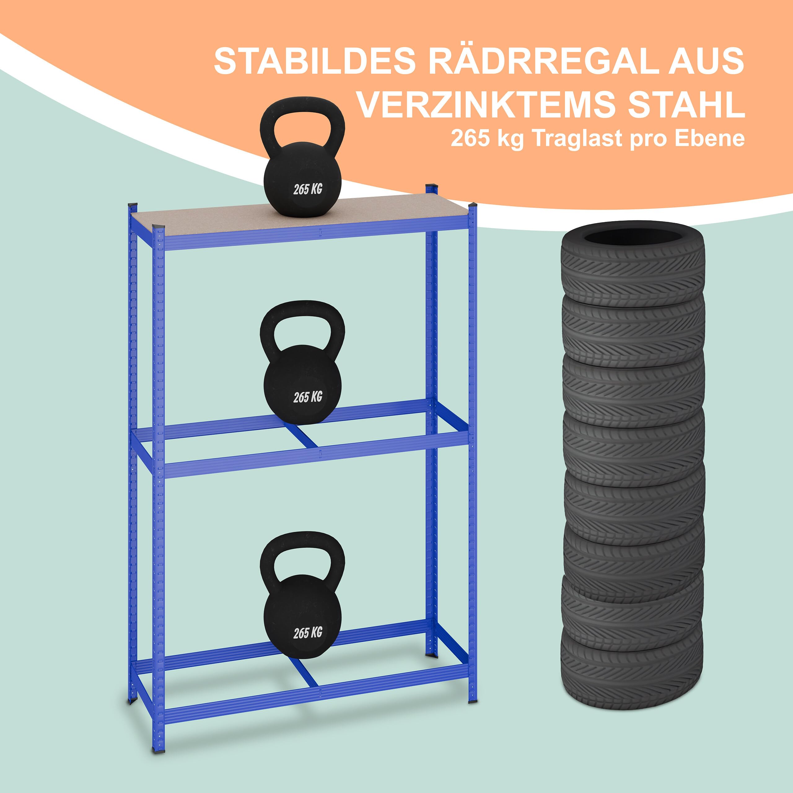 Relaxdays Reifenregal für 8 Reifen, HxBxT: 180 x 120 x 40 cm, 795 kg, Stahl, Stecksystem, Räderregal mit Ablage, blau