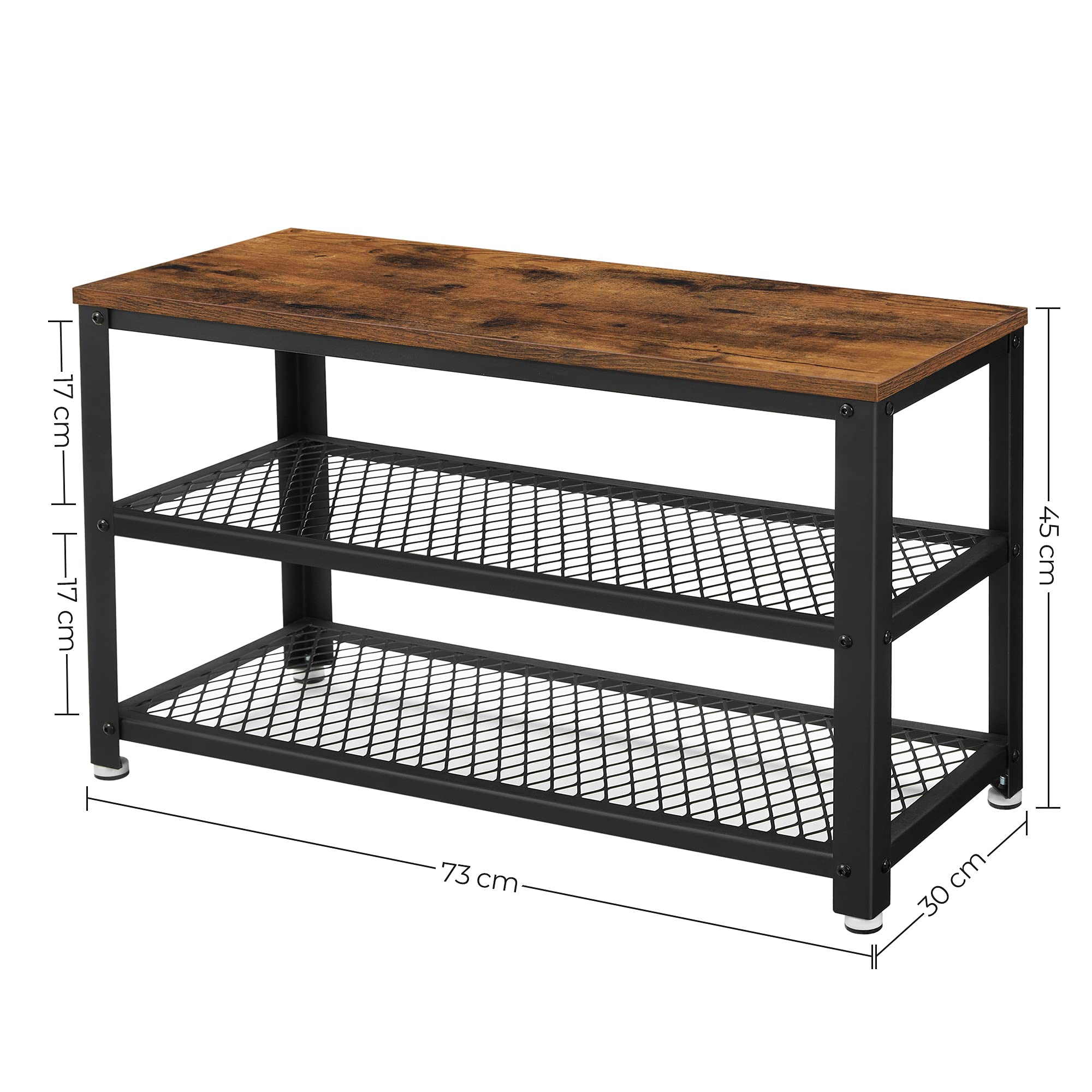 VASAGLE Wandgarderobe, Schuhbank, Wandregal mit Ablage und 10 Haken, Schuhregal mit 3 Ebenen, Aufbewahrung, Metallgestell, Flur, Eingangsbereich, Industrie-Design, vintagebraun-schwarz LCR173B01