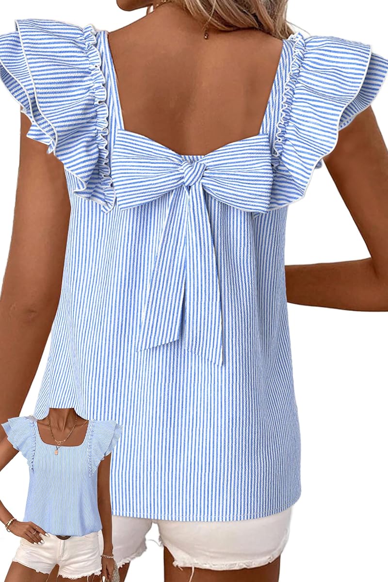 Women's 2026 Summer Top Ruffle Butterfly Sleeve Square Neck Bow Knot Textured Shirt Casual Blouses