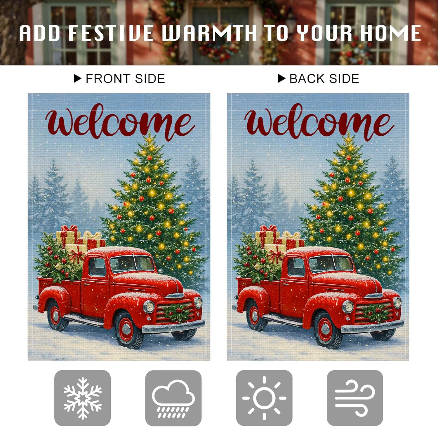Welcome Christmas Tree Garden Flag Double Sided 12x18 Inch Burlap Red Truck Garden Flag Presents Snow Winter Scene Seasonal Flags Christmas Holiday Flags for Patio Lawn Decoration - Image 5
