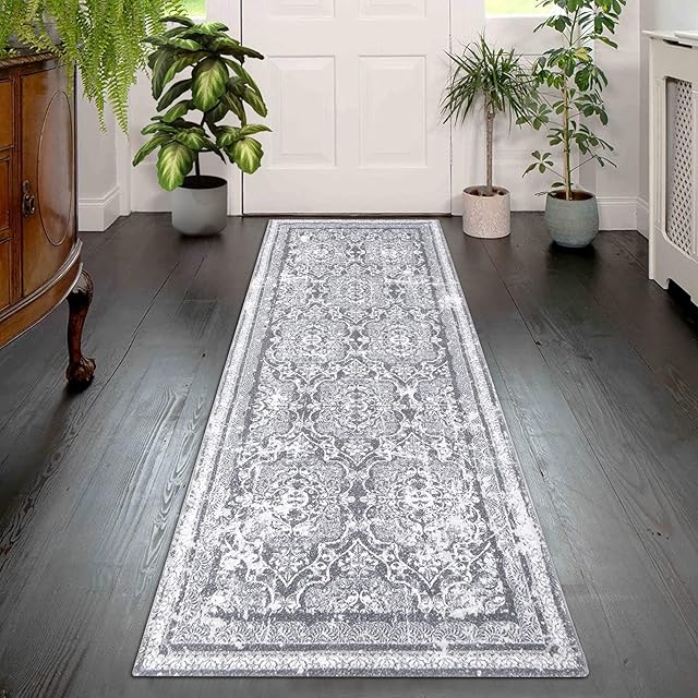 Enyhom Carpet Runner Rugs for Hallway Extra Long Non Slip Stair Runner Machine Washable Kitchen Area Rug Runner for Living Room Entryway Laundry Room Balcony (60 x 180 cm, Grey)