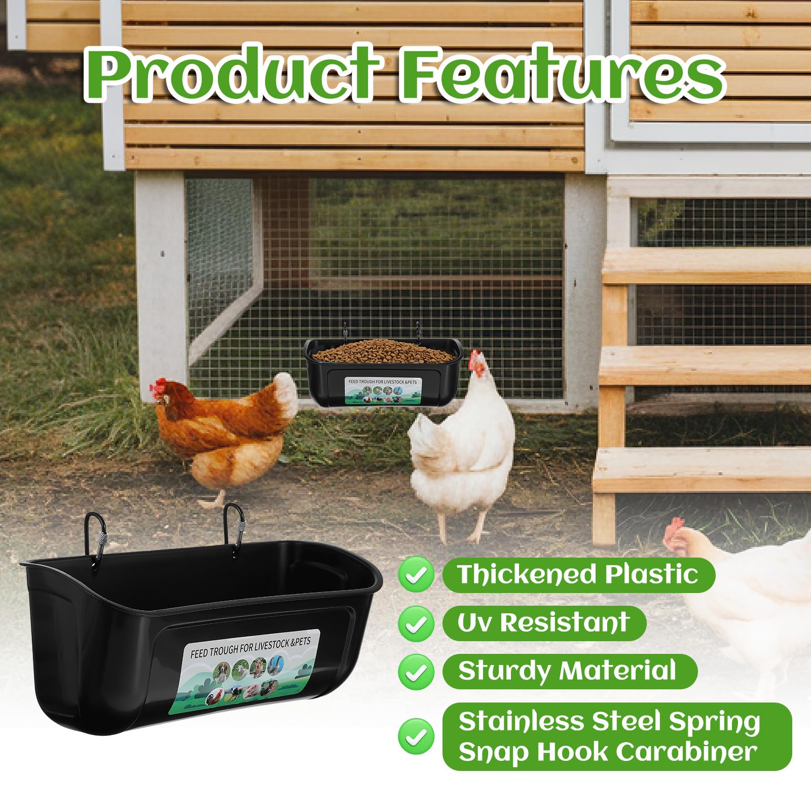 Confezione da 4 mangiatoie per polli da appendere, in plastica, con clip in metallo, contenitore per abbeveratoio per pollo, per capra, anatra, cavallo, maiale, maiale, pollame