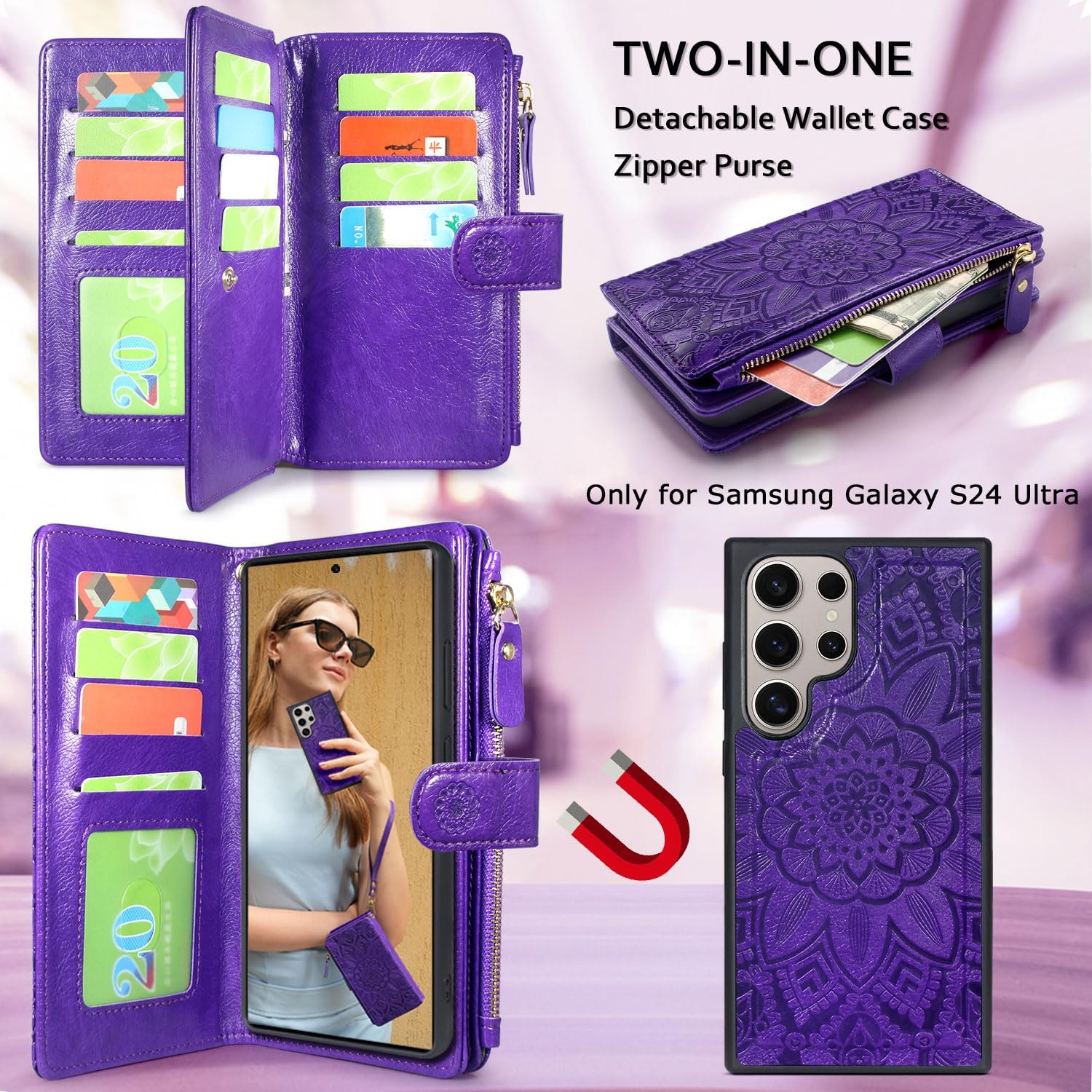 Harryshell Detachable Magnetic Zipper Wallet Leather Case with Cash Coin Pocket 12 Card Slots Holder Wrist Strap Lanyard for Samsung Galaxy S24 Ultra 5G 6.8 inch (2024) (Flower Purple)