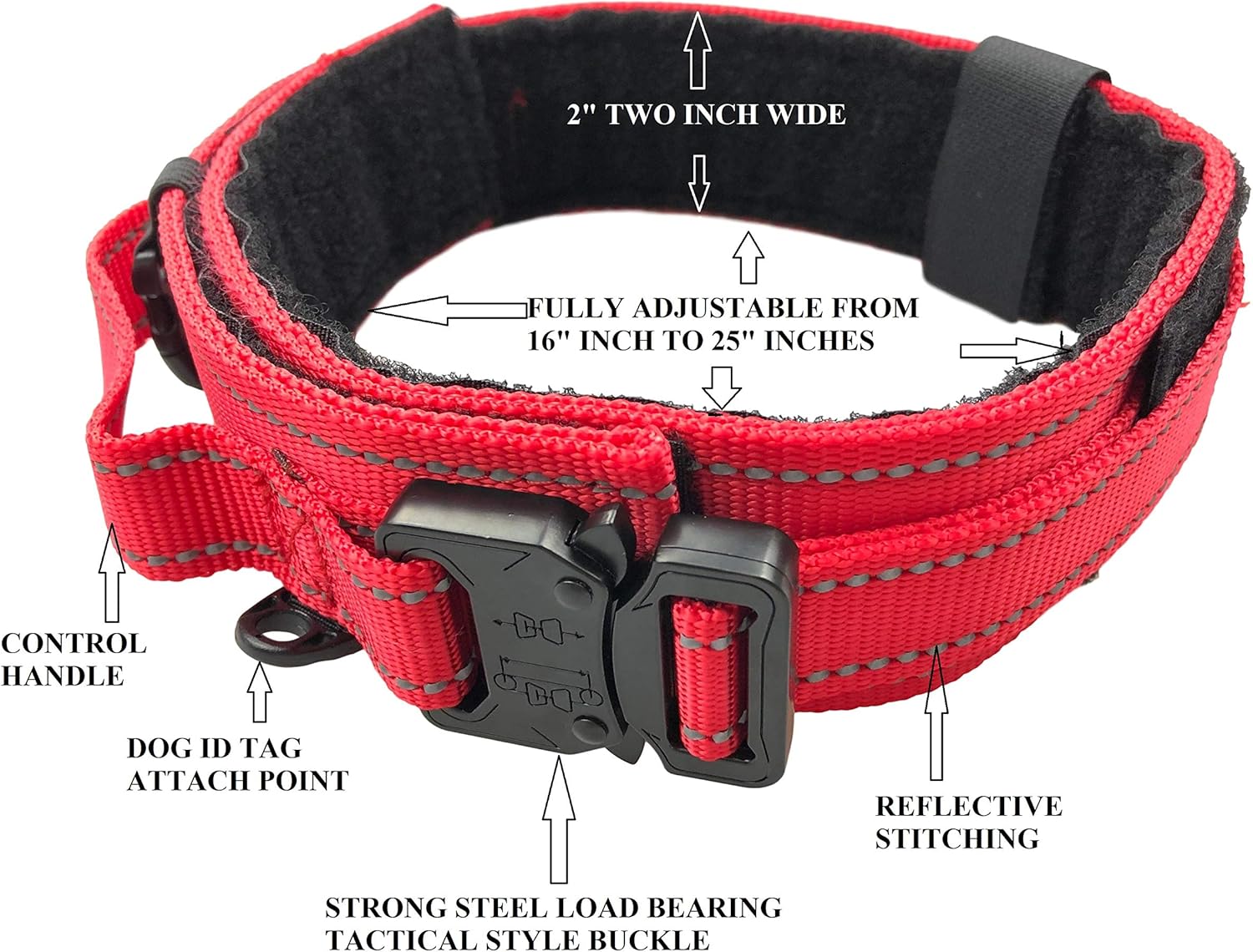 Dog Collar for Large Dogs with Control Handle - Heavy Duty Bungee Leash with Seat Belt Clip - RED