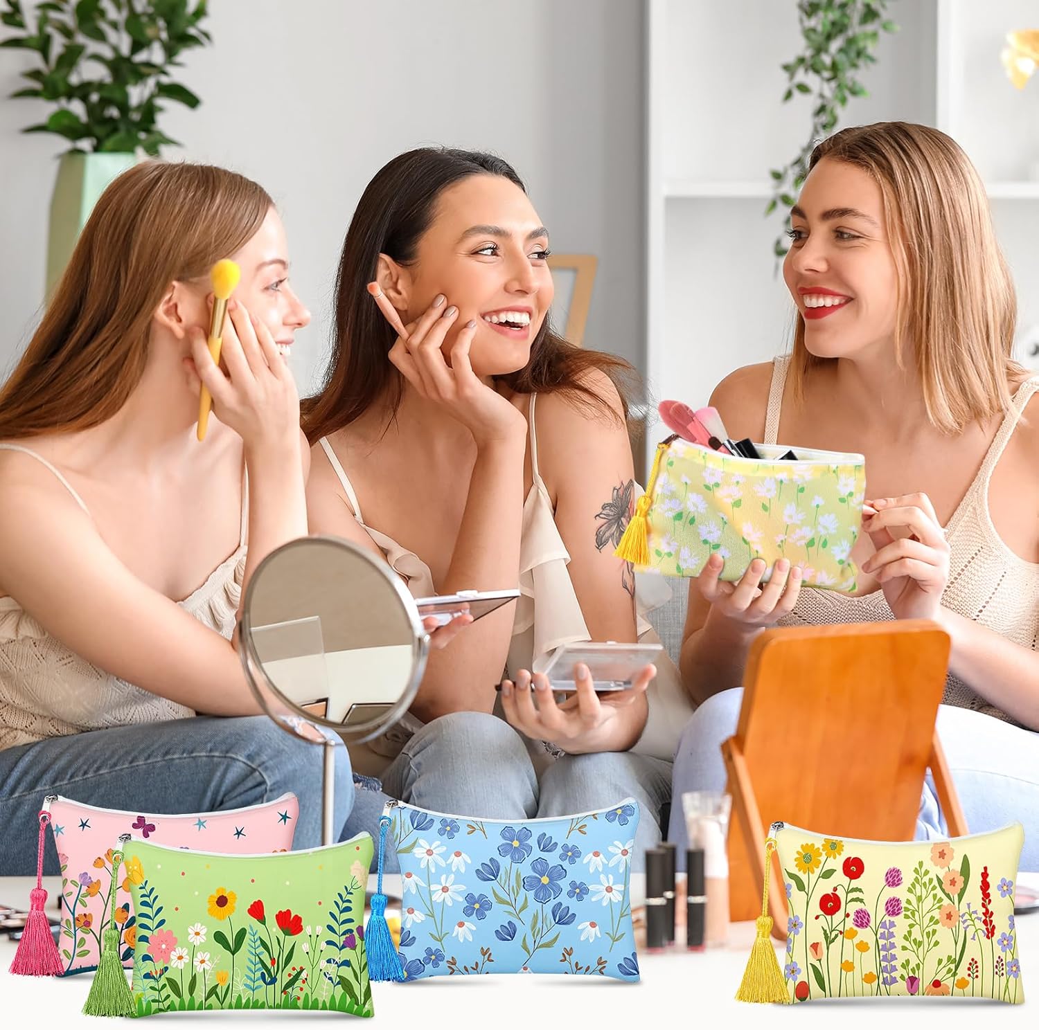 Blosssound 16 Pcs Spring Makeup Bags Bulk Floral Cosmetic Bags with Tassel for Women Daisy Canvas Travel Coin Pouch Valentine Day Easter Birthday Bachlor Wedding Baby Shower Party Return Gift - Image 5