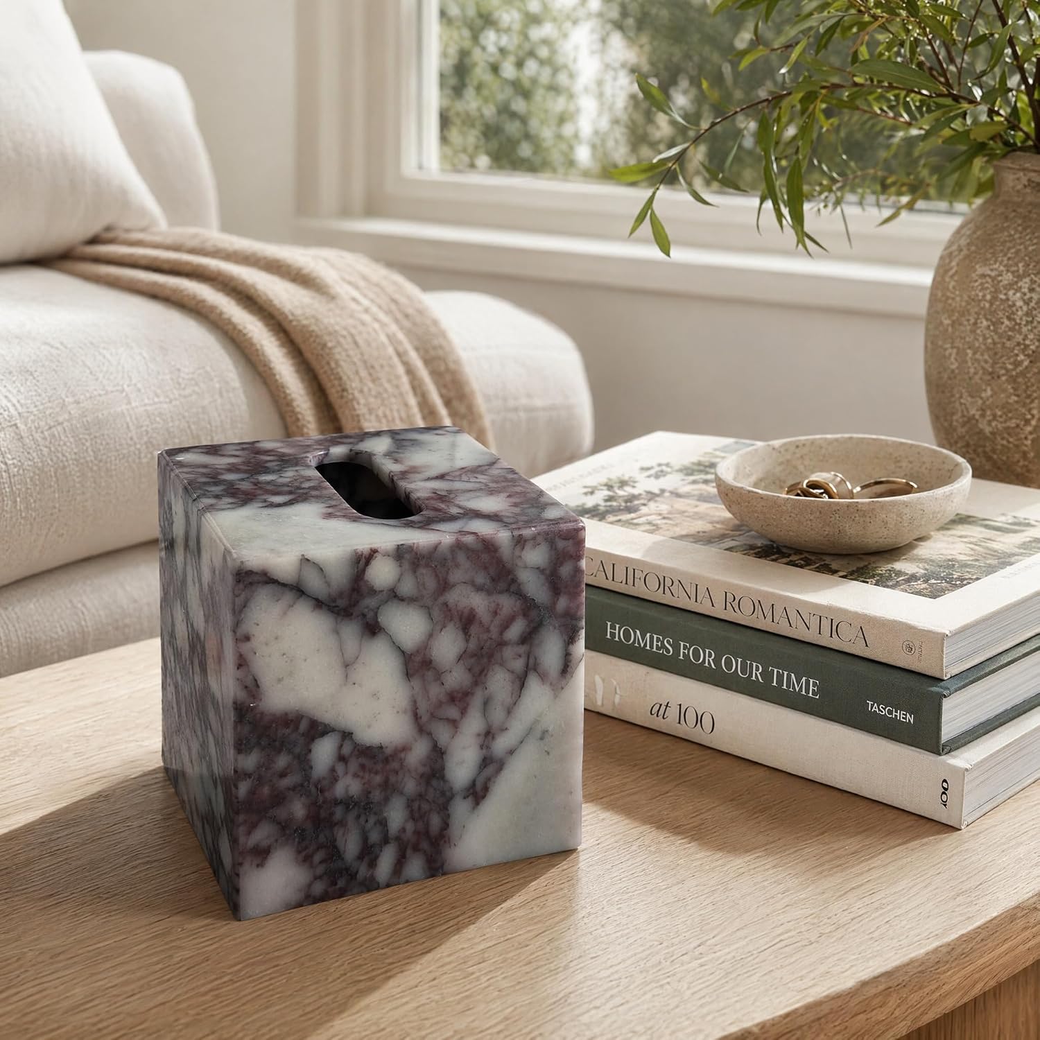 Luxury Natural Calacatta Viola Marble Tissue Box Cover with Magnetic Base | 5.5" Square Premium Stone Decorative Holder for Bathroom,Vanity, Countertop, Home, Office Desk - Heavyweight