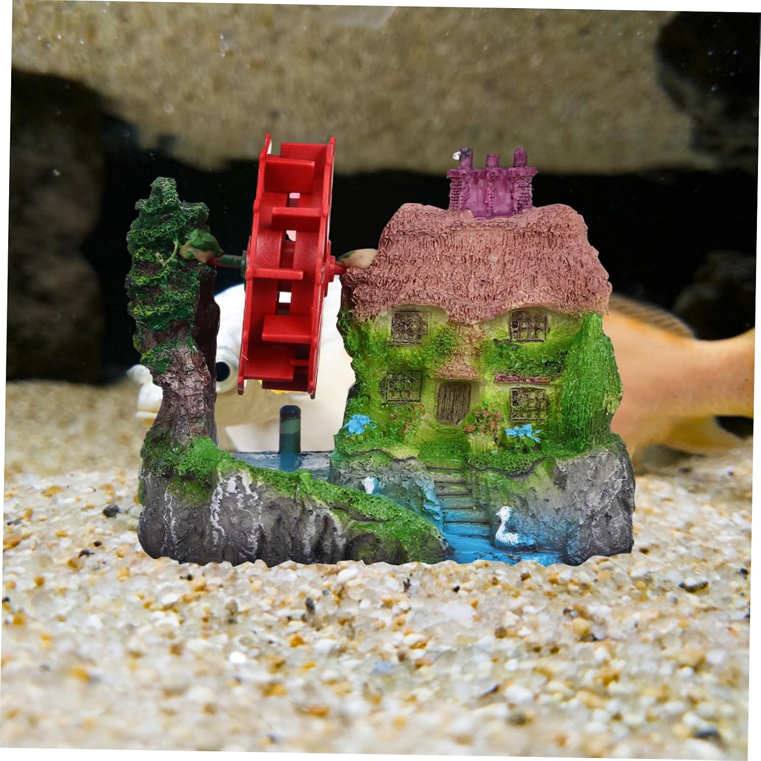 Aquarium Landscape Stone House with Water Wheel Model Unique Fish Tank Decoration for Goldfish and Aquatic Pets Decor for Aquarium Environments