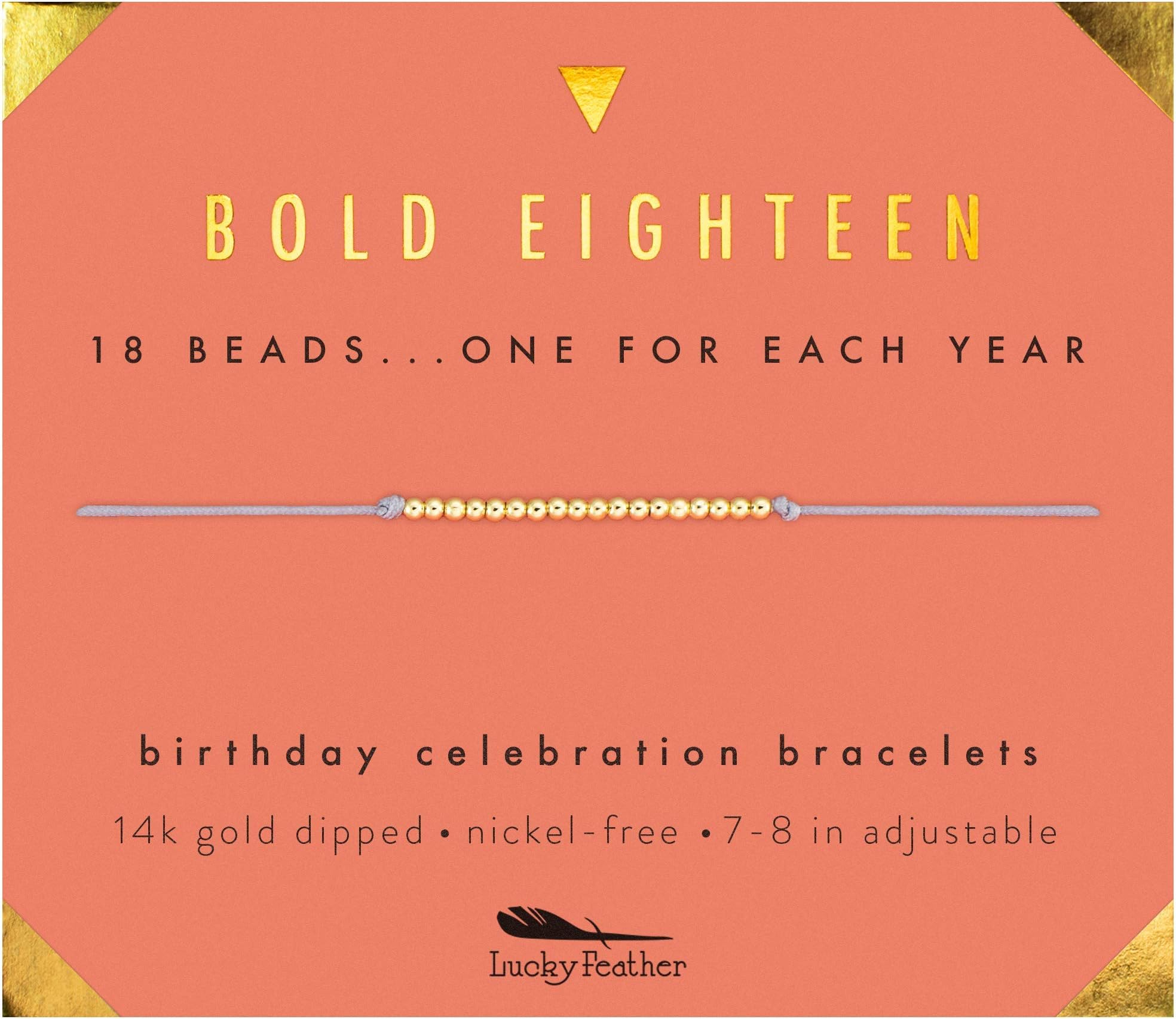 Lucky FeatherMilestone 18th Birthday Gifts For Women - 14K Gold Dipped Beads Bracelet on Adjustable 7”- 8” Cord - Bold 18 Year Old Gifts
