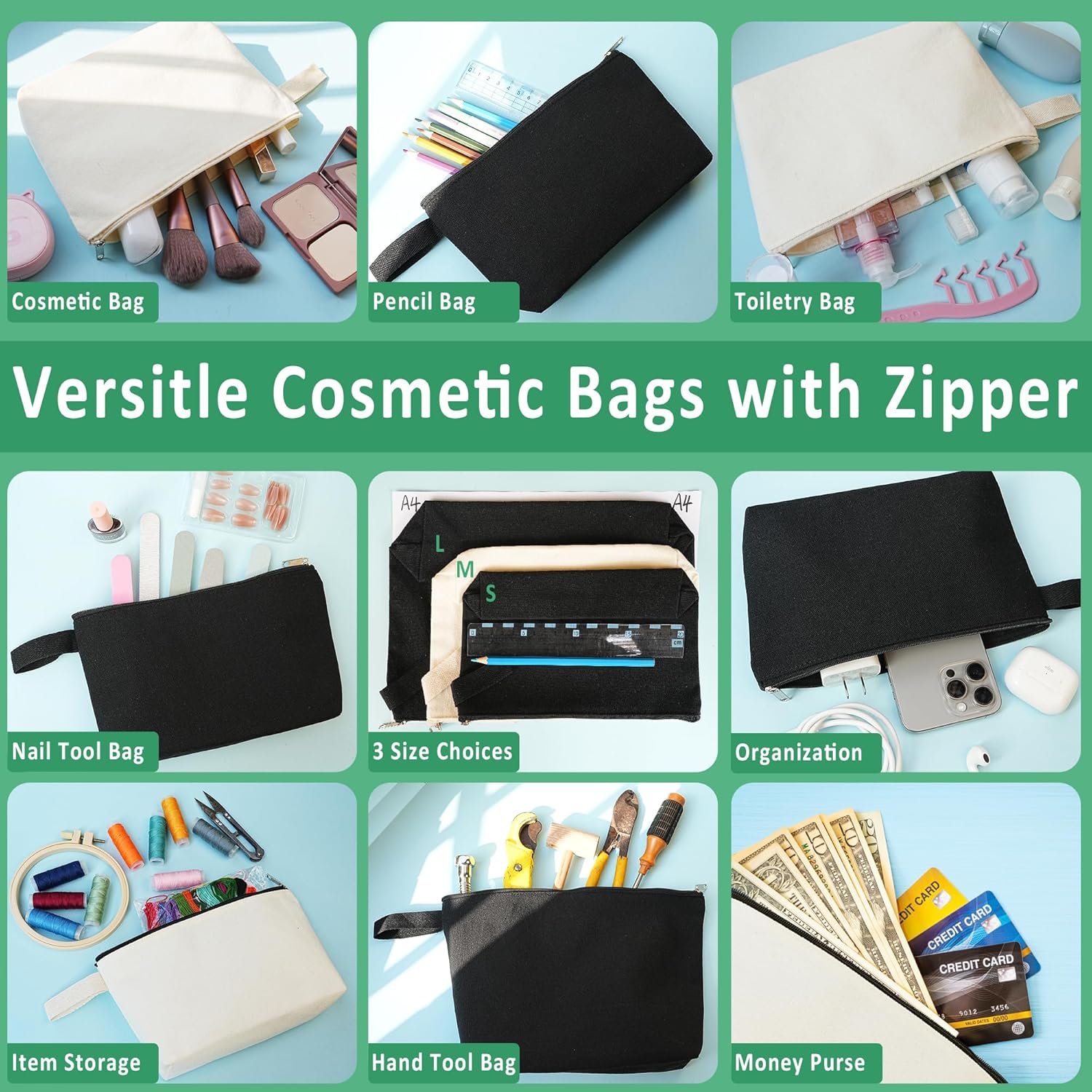 Plain Makeup Bags to Personalize, Zpecox Canvas Pouch Multi-purpose Cosmetic Bag with Zipper, DIY Craft Canvas Zipper Pouch Blank Bulk Travel Toiletry Bags for Organization (Beige, L, 12.2x7.4x 2.7'') - Image 6