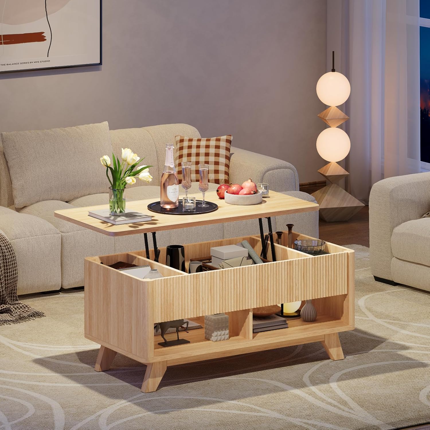 ONBRILL Farmhouse Lift Top Coffee Table, Mid Century Modern Coffee Table with Hidden Storage Compartment, Fluted Rising Pull up Wood Modern Center for Living Room, Office, Natural