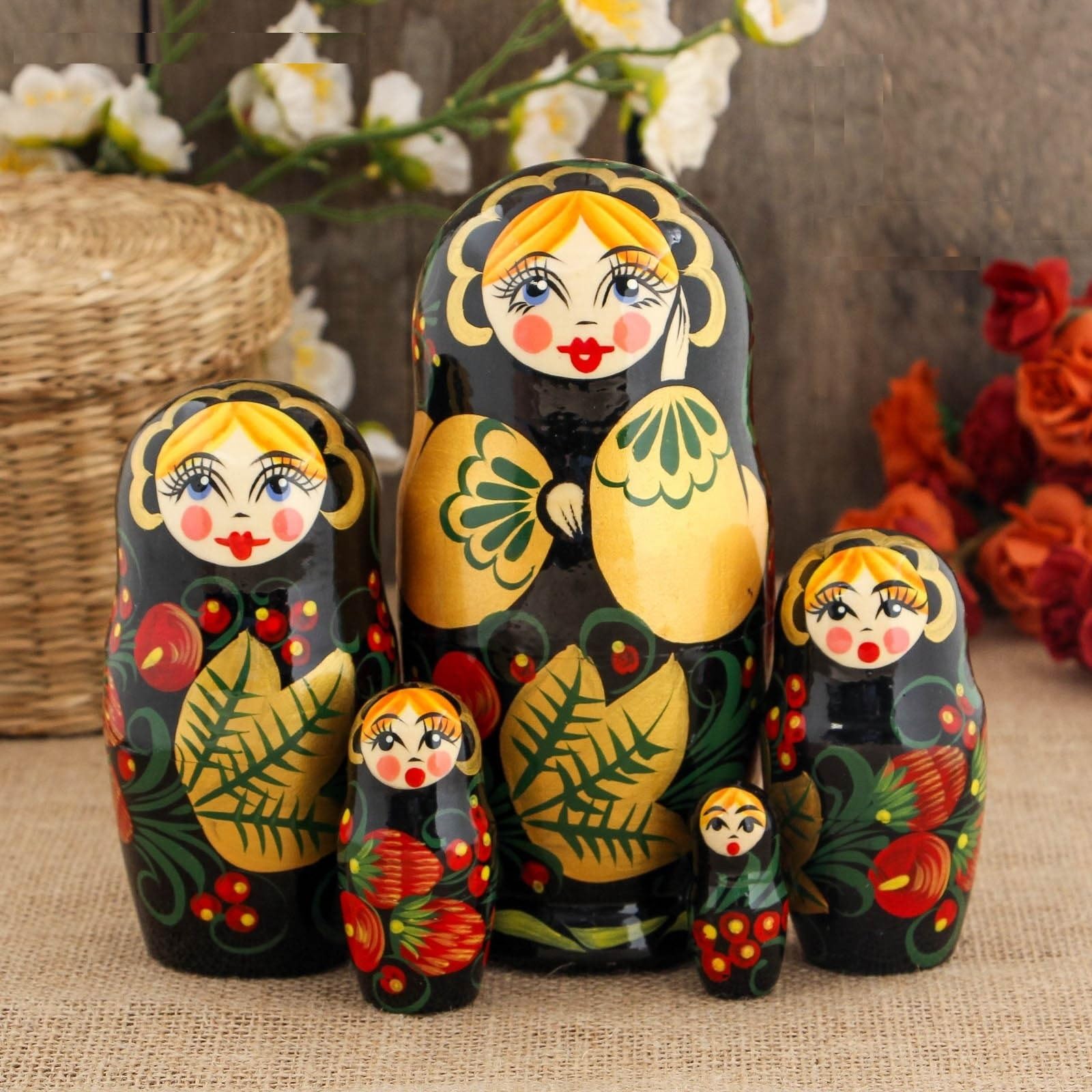 Generico Matrioska Drewniana lalka 5 sztuk (18 cm) Матрешка Хохлома №3 5 кукол 18 см.